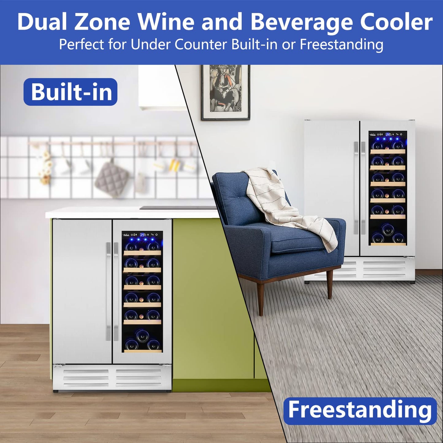 180 Bottles Wine Fridge 24 Inch Dual Zone Wine Cooler Refrigerator Freestanding Wine Refrigerator with Glass Door and Safety Lock, Large Wine Cellar for Home, Office, Kitchen