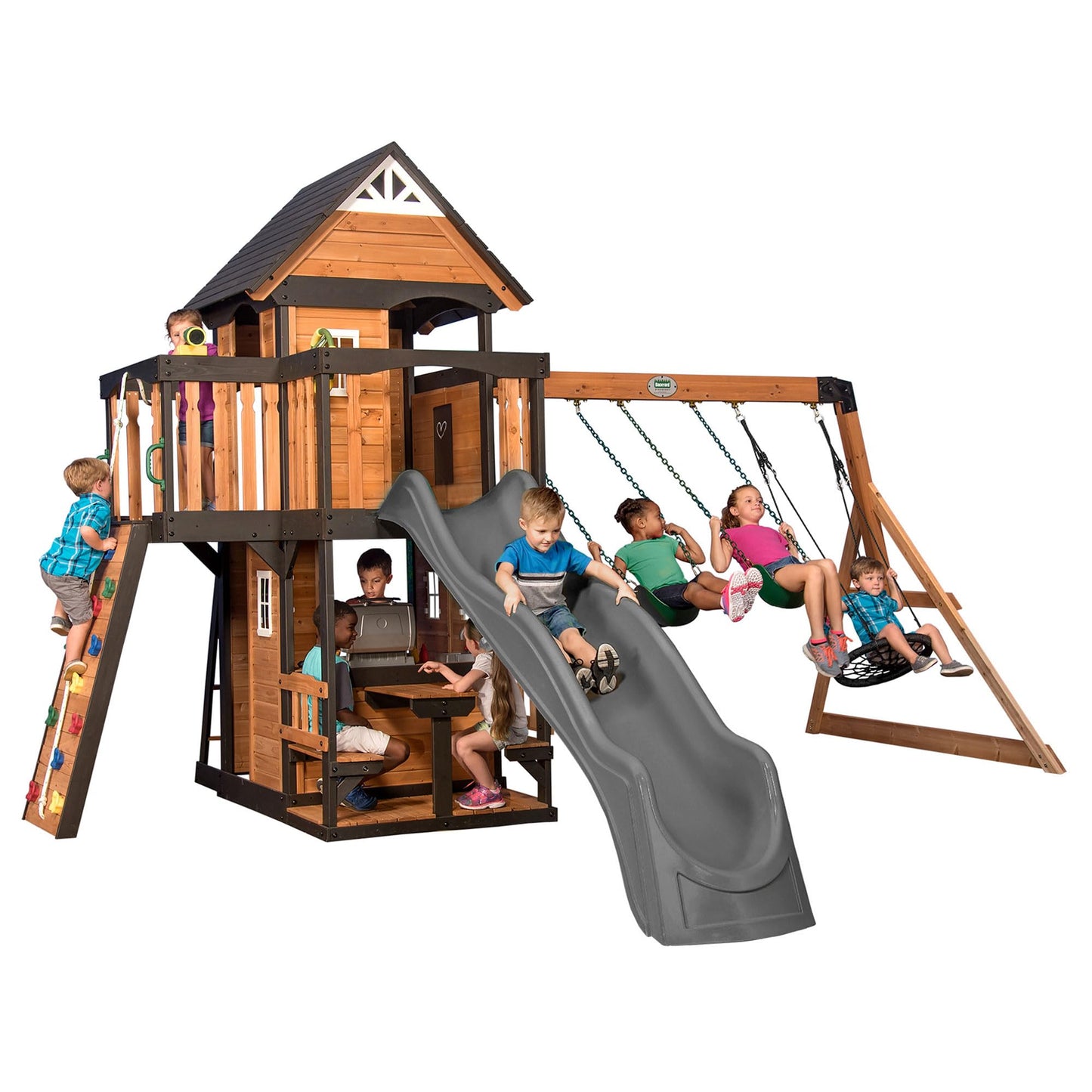 Backyard Discovery Wooden Swing Set with Slide, Clubhouse & Rock Wall