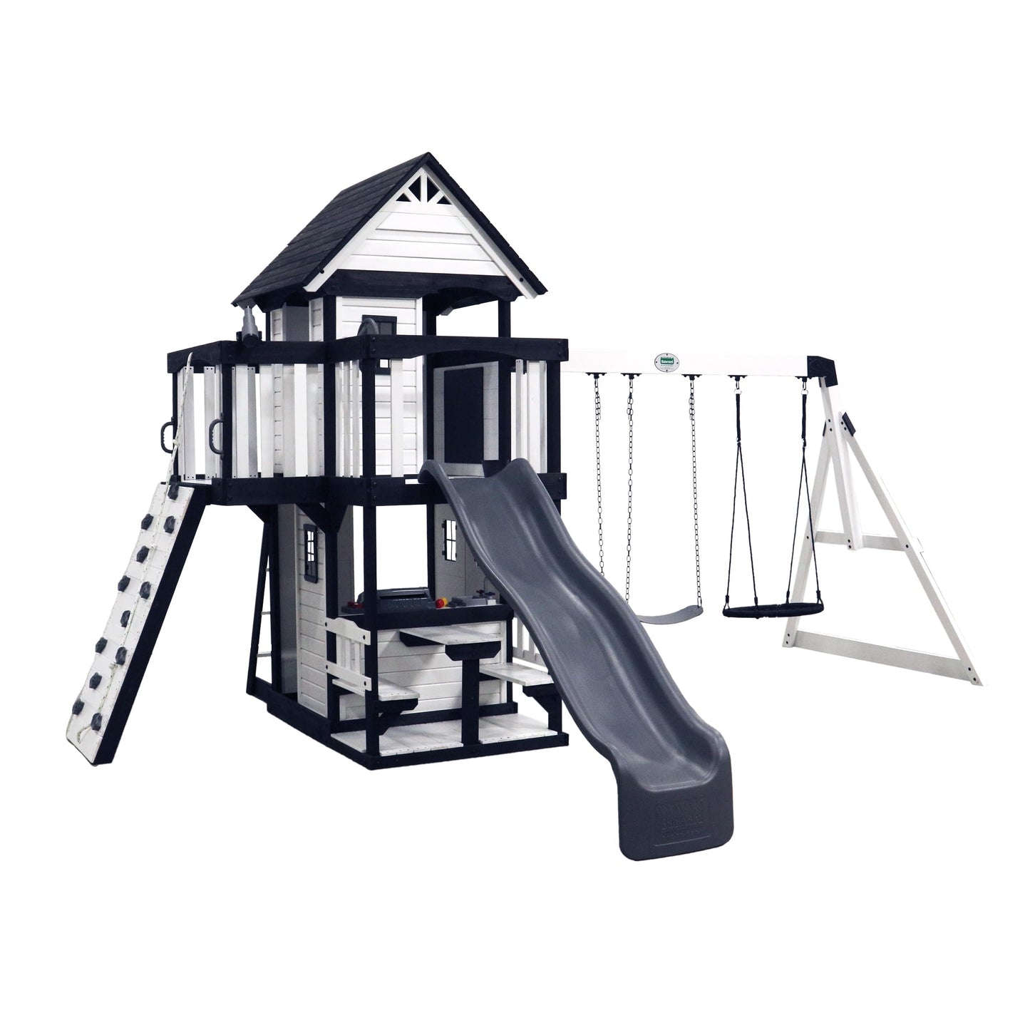 Backyard Discovery Wooden Swing Set with Slide, Clubhouse & Rock Wall