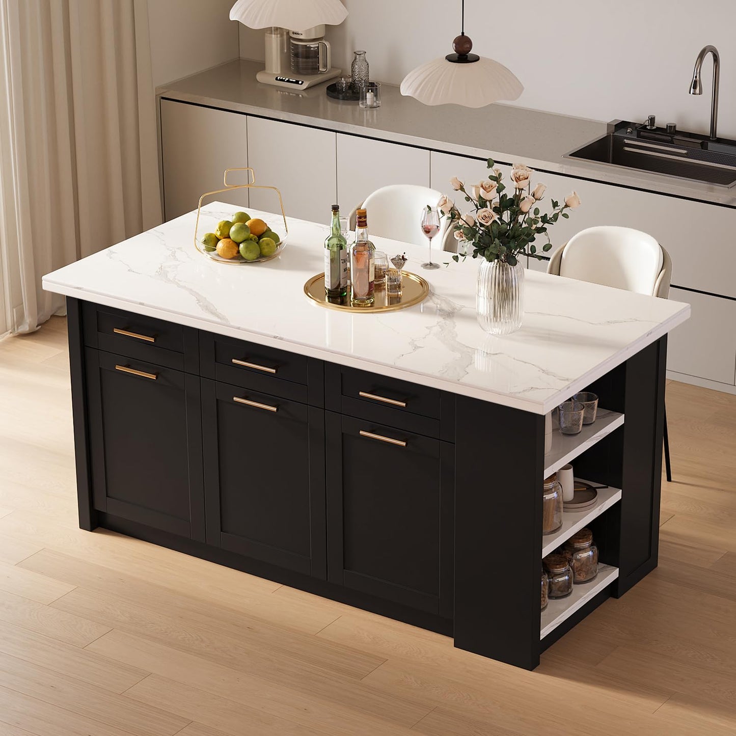 homary 71" White Kitchen Island with Storage Large Kitchen Cabinet with Drawers & Sintered Stone Top Island Table for Dining Room