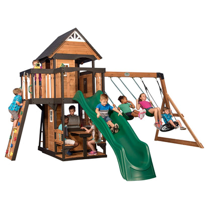 Backyard Discovery Wooden Swing Set with Slide, Clubhouse & Rock Wall