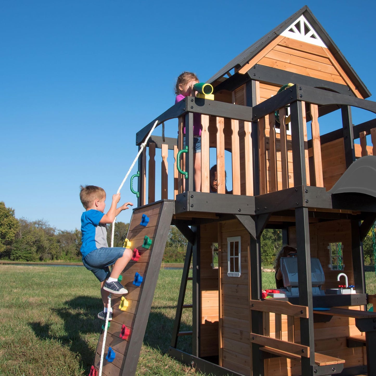 Backyard Discovery Wooden Swing Set with Slide, Clubhouse & Rock Wall