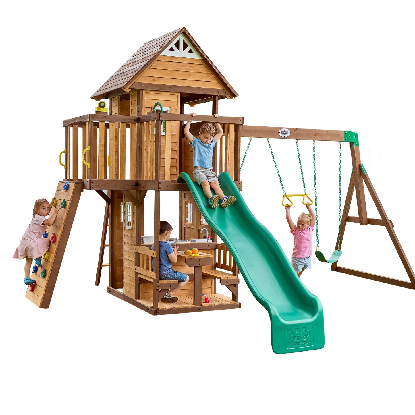 Backyard Discovery Wooden Swing Set with Slide, Clubhouse & Rock Wall