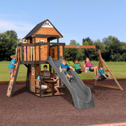 Backyard Discovery Wooden Swing Set with Slide, Clubhouse & Rock Wall