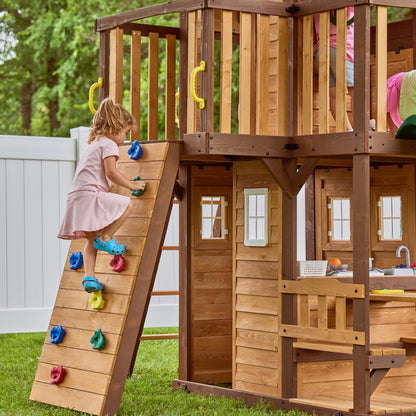 Backyard Discovery Wooden Swing Set with Slide, Clubhouse & Rock Wall