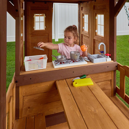 Backyard Discovery Wooden Swing Set with Slide, Clubhouse & Rock Wall