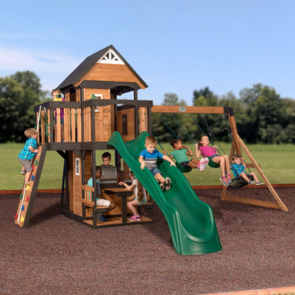 Backyard Discovery Wooden Swing Set with Slide, Clubhouse & Rock Wall