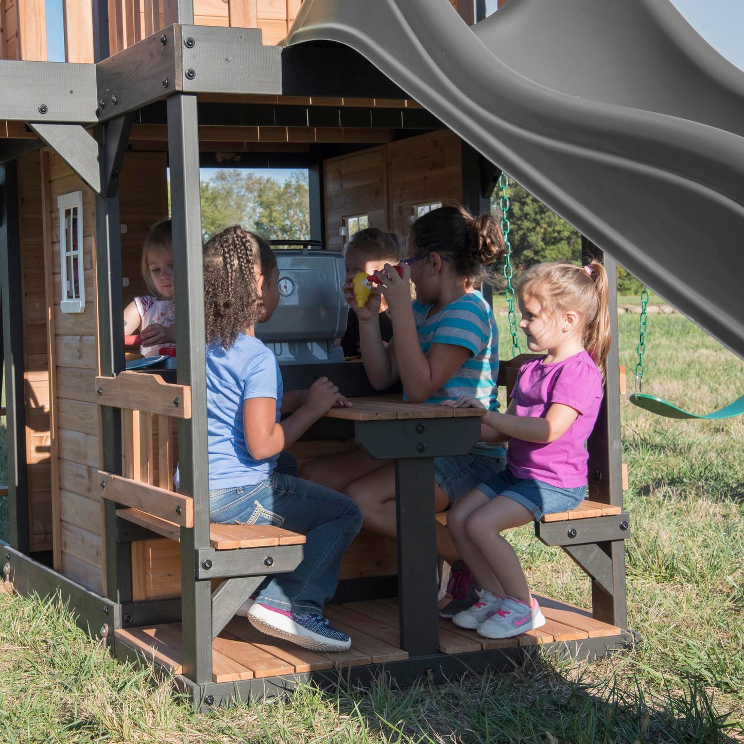 Backyard Discovery Wooden Swing Set with Slide, Clubhouse & Rock Wall