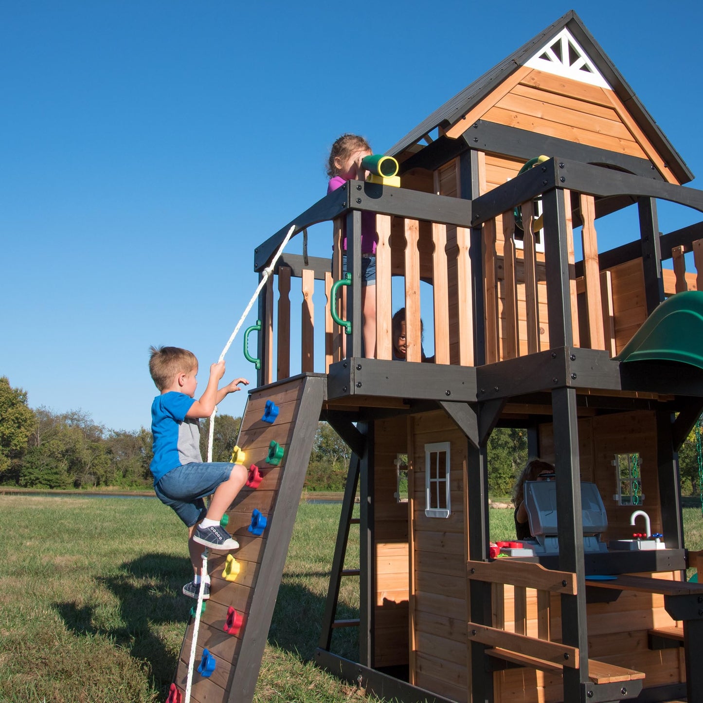 Backyard Discovery Wooden Swing Set with Slide, Clubhouse & Rock Wall