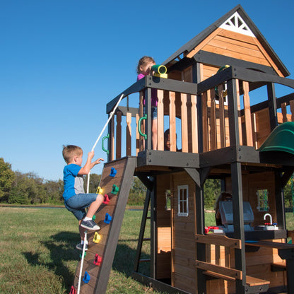 Backyard Discovery Wooden Swing Set with Slide, Clubhouse & Rock Wall