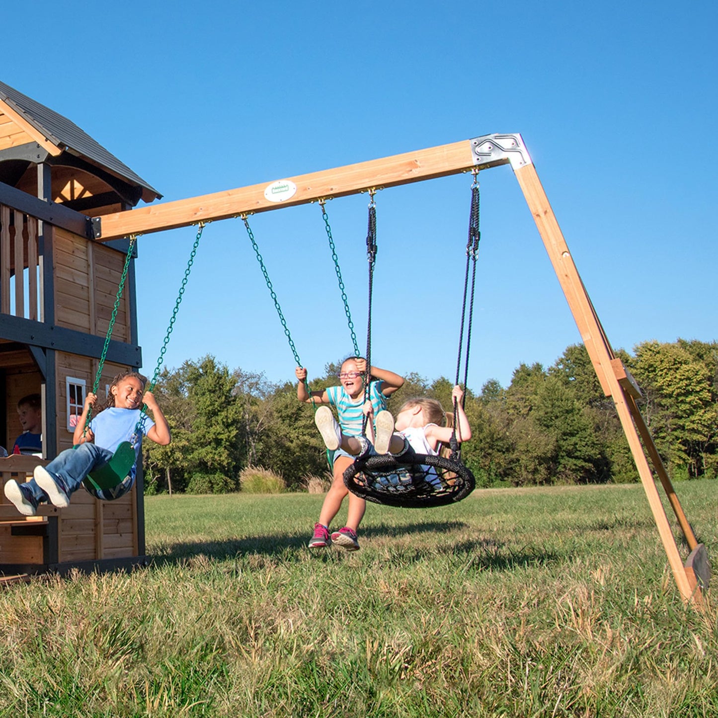 Backyard Discovery Wooden Swing Set with Slide, Clubhouse & Rock Wall