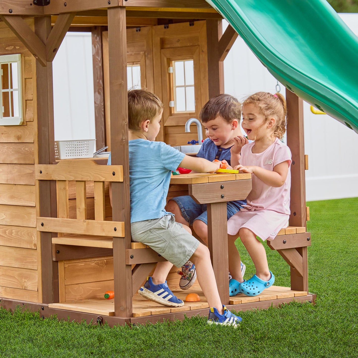 Backyard Discovery Wooden Swing Set with Slide, Clubhouse & Rock Wall