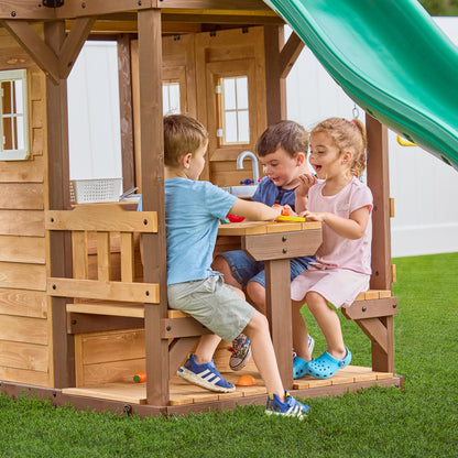 Backyard Discovery Wooden Swing Set with Slide, Clubhouse & Rock Wall