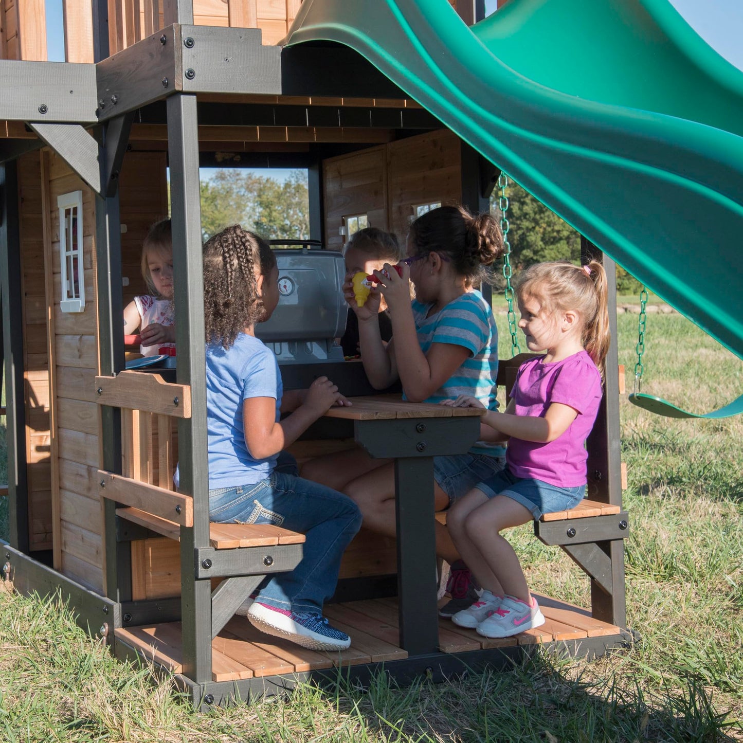 Backyard Discovery Wooden Swing Set with Slide, Clubhouse & Rock Wall