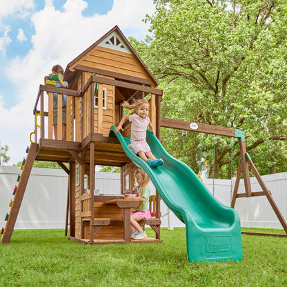 Backyard Discovery Wooden Swing Set with Slide, Clubhouse & Rock Wall