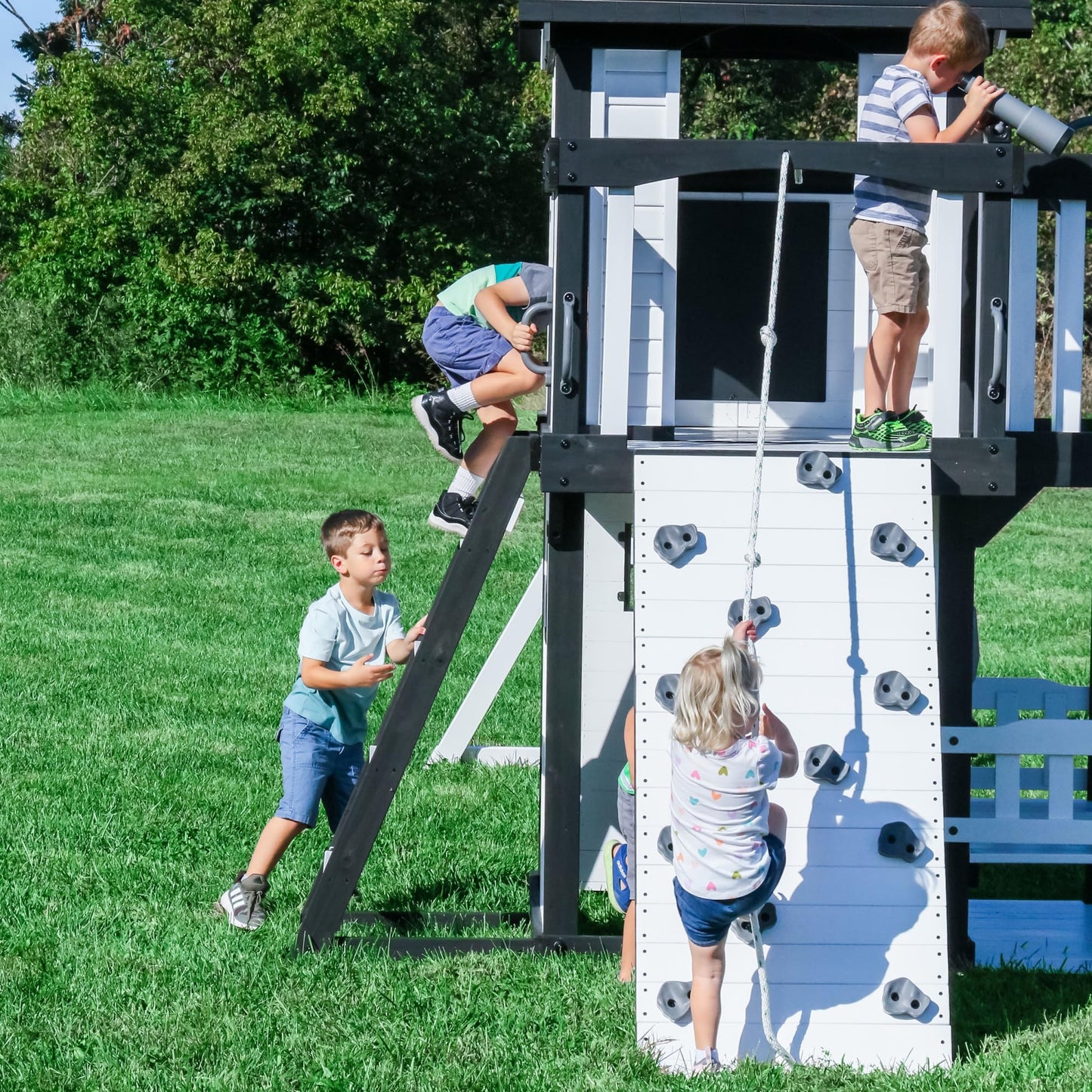 Backyard Discovery Wooden Swing Set with Slide, Clubhouse & Rock Wall