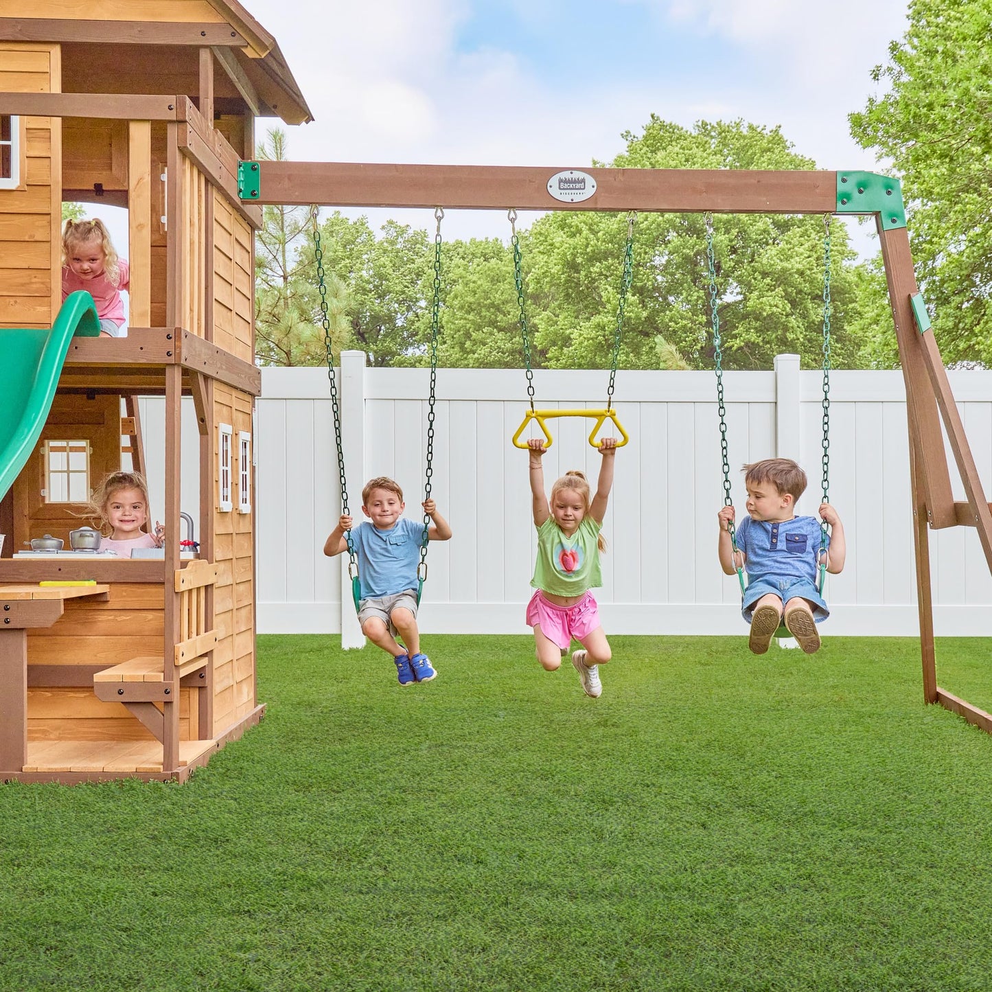 Backyard Discovery Wooden Swing Set with Slide, Clubhouse & Rock Wall
