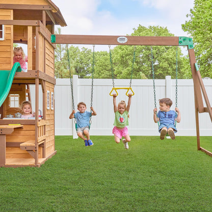 Backyard Discovery Wooden Swing Set with Slide, Clubhouse & Rock Wall