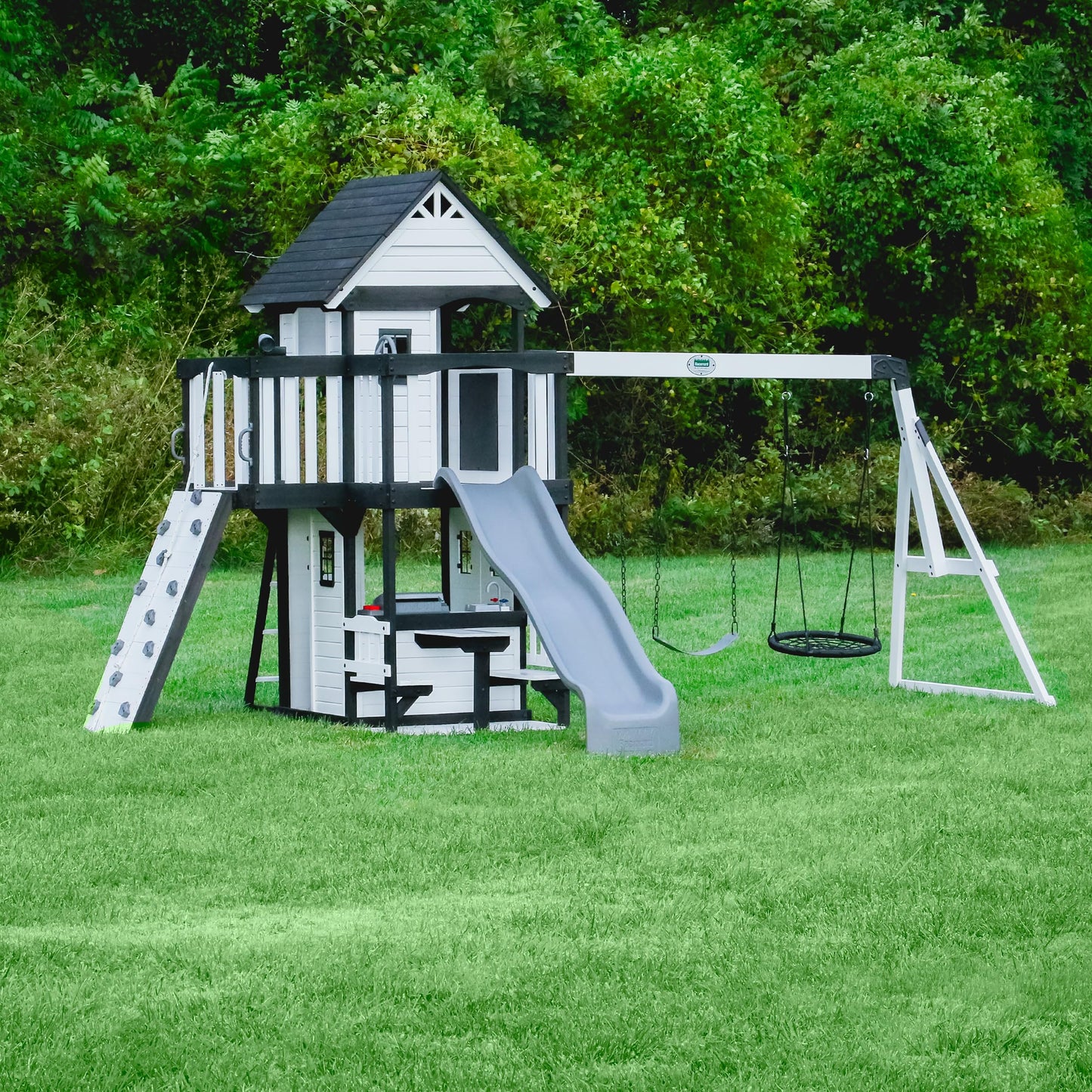 Backyard Discovery Wooden Swing Set with Slide, Clubhouse & Rock Wall